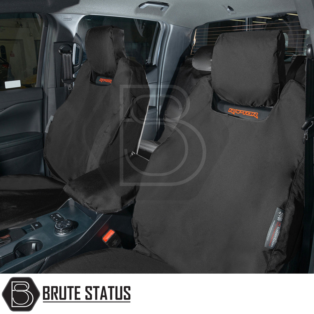 Ford Ranger Raptor T9 2023+ Double Cab Cotton-Backed PU Seat Covers on bucket seats with Raptor logo, showcasing tailored, durable, and waterproof design.