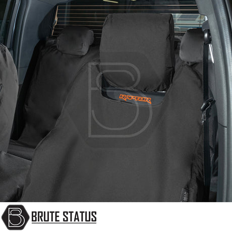 Ford Ranger Raptor T9 2023+ seat covers on rear bench, featuring rugged, waterproof design with visible RAPTOR logo and Brute Status branding.