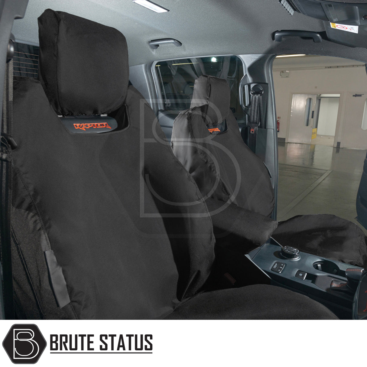 Ford Ranger Raptor T9 2023+ Double Cab Cotton-Backed PU Seat Covers on front seats, showcasing tailored fit and heavy-duty protection in pickup interior.
