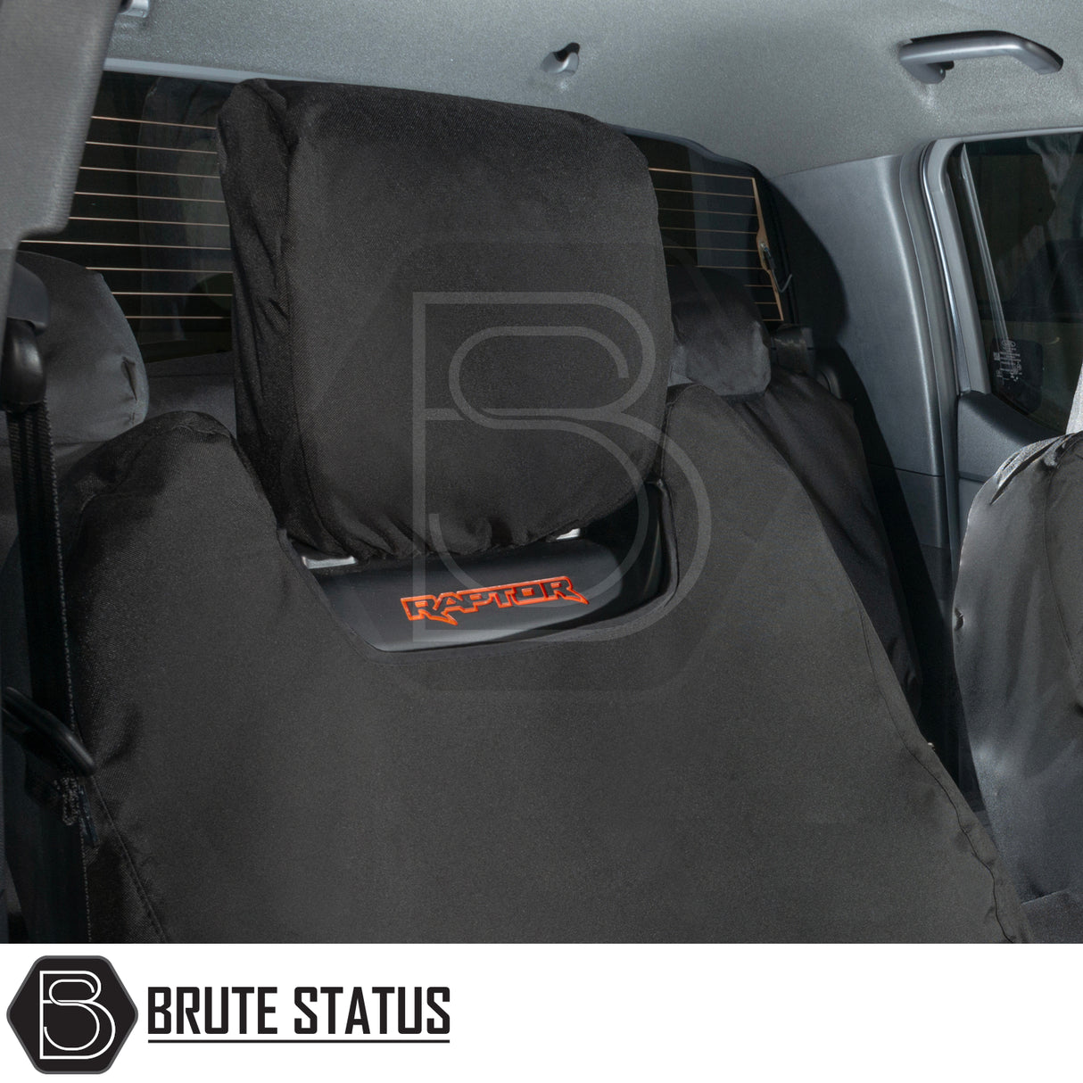 Ford Ranger Raptor T9 2023+ Double Cab Seat Covers with RAPTOR logo, tailored fit, durable cotton-backed polyester, waterproof, protecting vehicle seats.