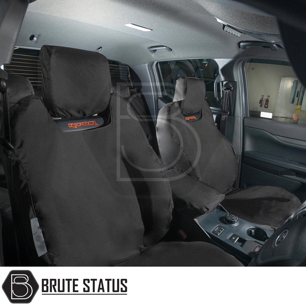 Ford Ranger Raptor T9 2023+ Double Cab Cotton-Backed PU Seat Covers on black pickup interior, featuring premium materials, tailored fit, and visible Raptor logo.