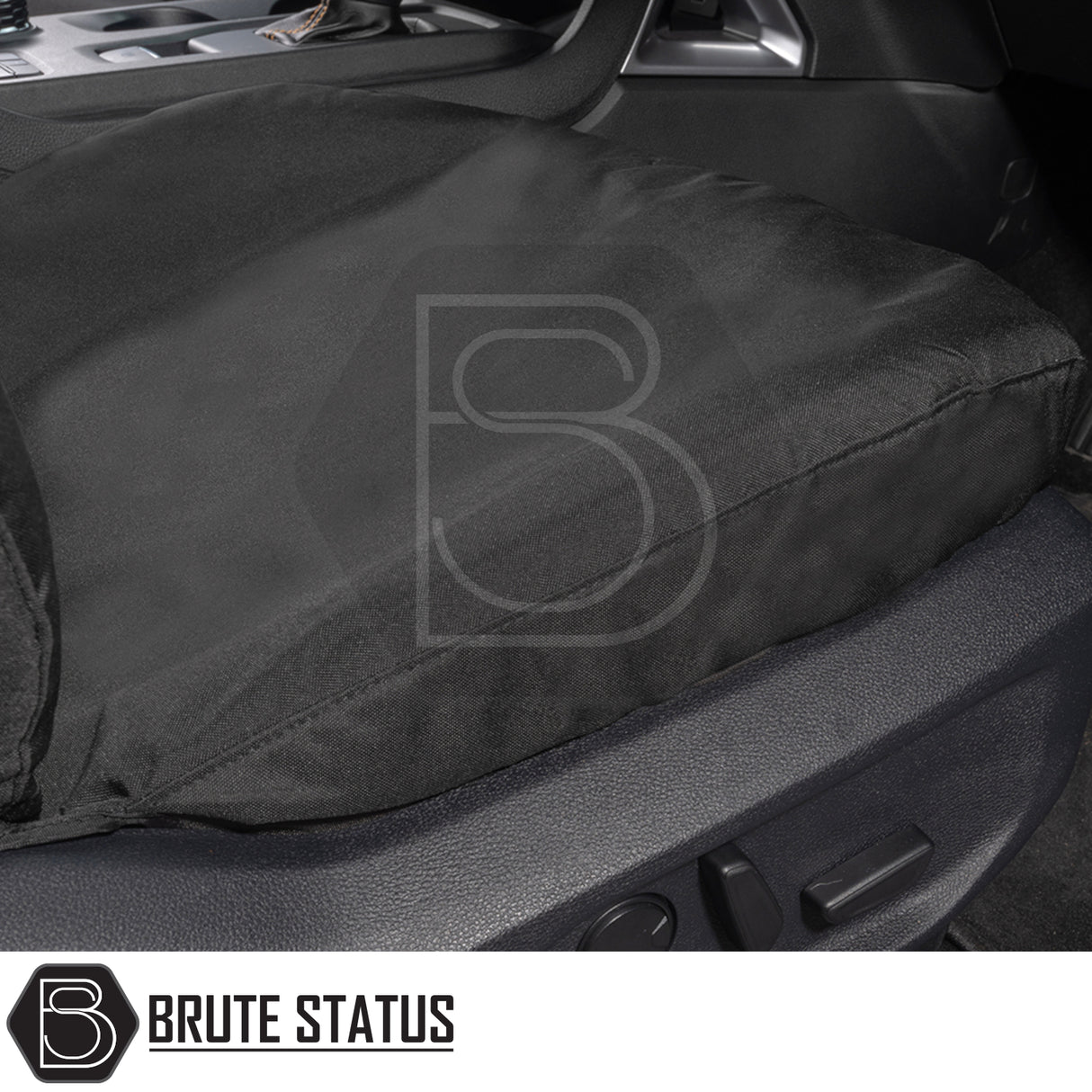 Ford Ranger Raptor T9 2023+ seat cover fitted on a front seat, showcasing durable, waterproof cotton-backed PU material with Brute Status logo.