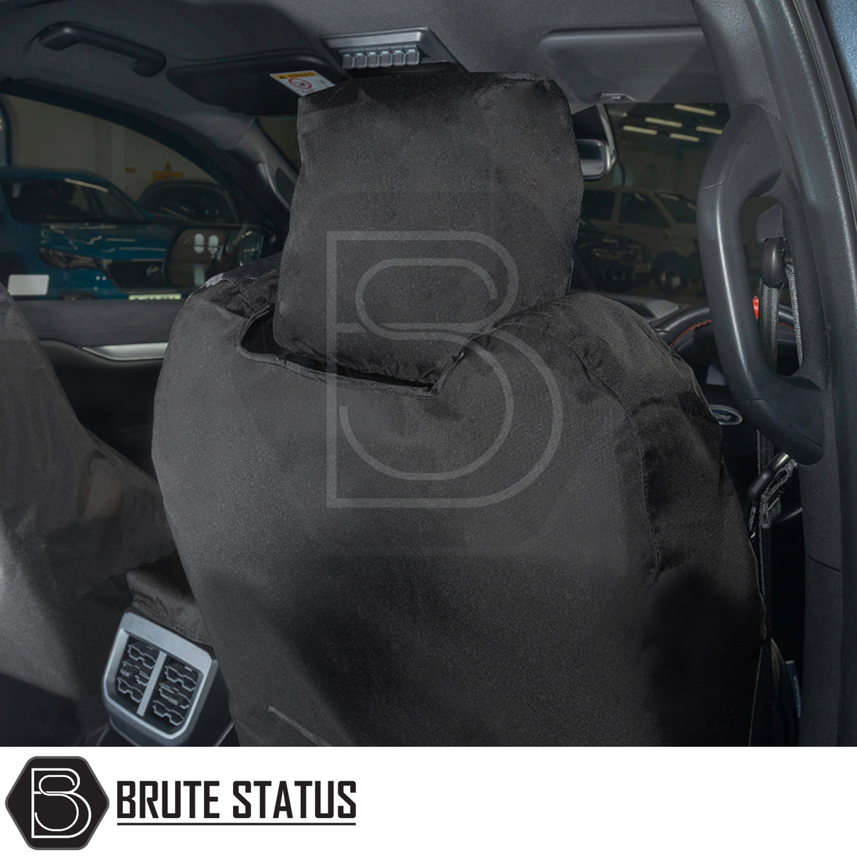 Ford Ranger Raptor T9 2023+ Double Cab seat covers on vehicle's front seat, showcasing Brute Status protection and custom fit for enhancing truck interiors.