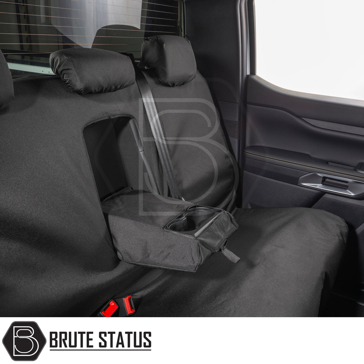 Ford Ranger Raptor T9 2023+ Double Cab seat covers, featuring black heavy-duty protection with tailored fit, integrated armrest, cup holders, and Brute Status logo.