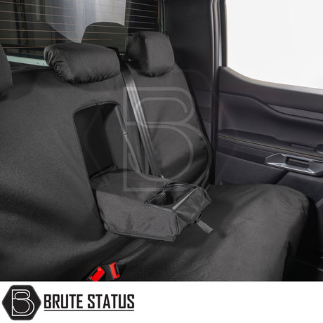 Ford Ranger Raptor T9 2023+ Double Cab seat covers, featuring black heavy-duty protection with tailored fit, integrated armrest, cup holders, and Brute Status logo.