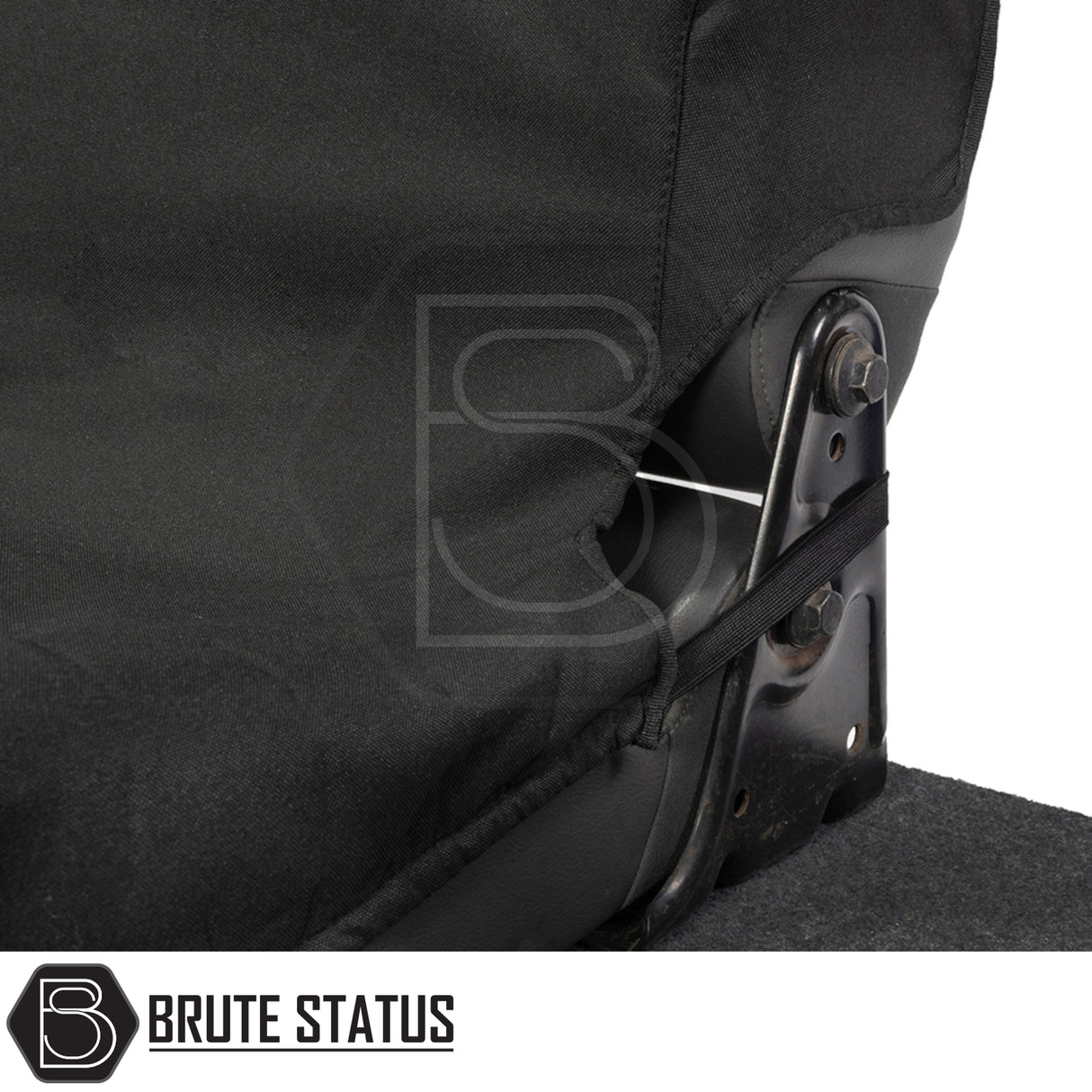 Volkswagen Amarok 2010-2022 Double Cab Cotton-Backed PU Seat Covers, showcasing durable black fabric with straps and metal brackets for precise fit and protection.