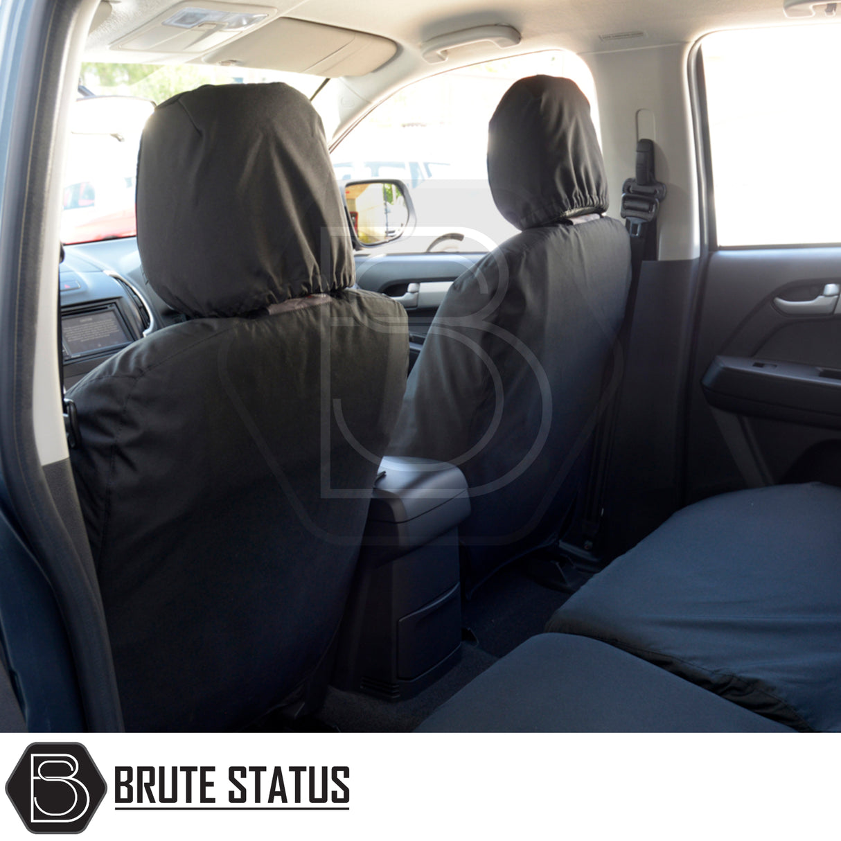 Isuzu D-Max 2012-2020 Double Cab cotton-backed PU seat covers, tailored fit, showcasing premium, waterproof materials for enhanced vehicle interior protection.