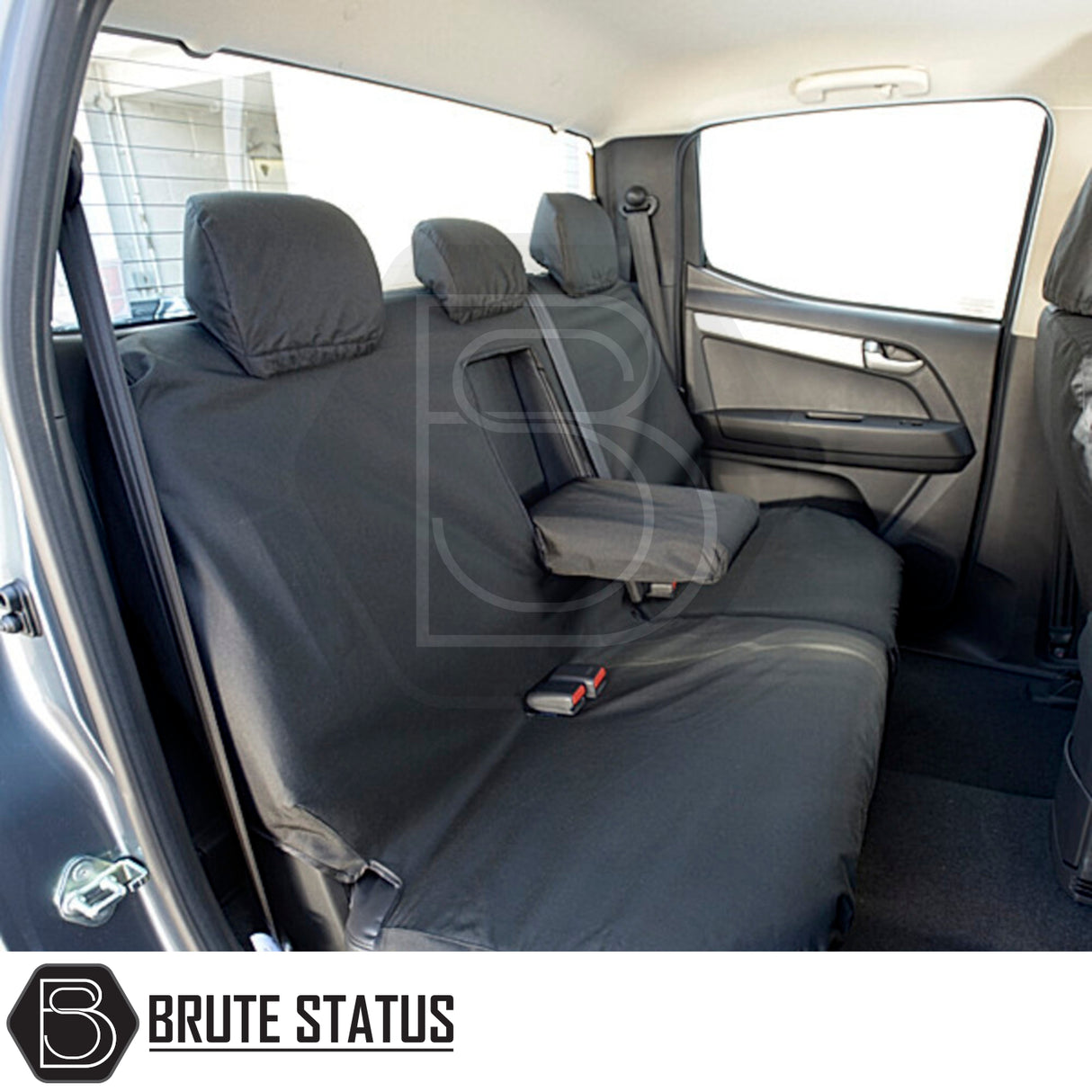 Isuzu D-Max 2012-2020 Double Cab PU seat covers, black, tailored fit with headrest and armrest covers, showcased in vehicle rear seating area.