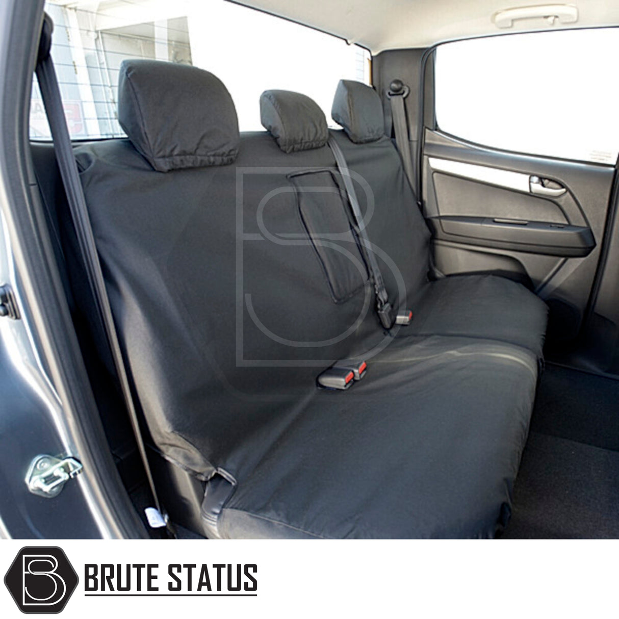 Isuzu D-Max 2012-2020 Double Cab seat covers, tailored from cotton-backed polyester with waterproof coating, shown fitted on a car's back seat.