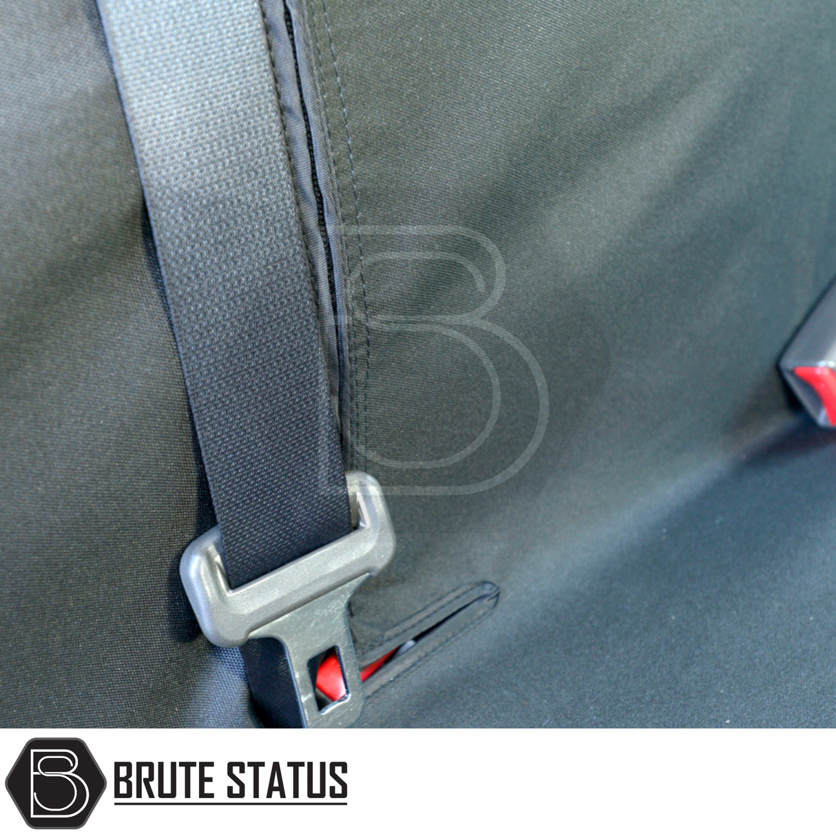 Close-up of Nissan Navara 2015-2023 NP300 seat cover with seat belt, showcasing durable, custom-fit, waterproof cotton-backed PU material from Brute Status.