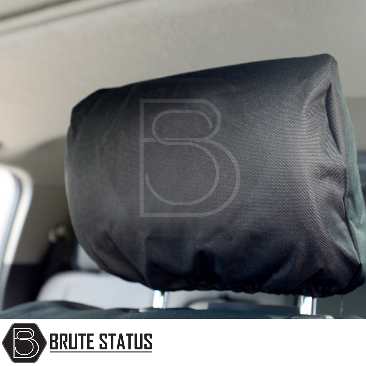 Nissan Navara 2015-2023 NP300 headrest with black Brute Status protective slip-cover, tailored for a precise fit.