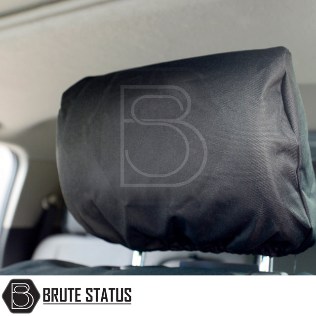 Nissan Navara 2015-2023 NP300 headrest with black Brute Status protective slip-cover, tailored for a precise fit.