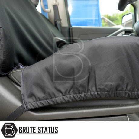Nissan Navara 2005-2015 D40 Double Cab Cotton-Backed PU Seat Covers, tailored fit with elastic straps, protecting seats from dirt and wear.