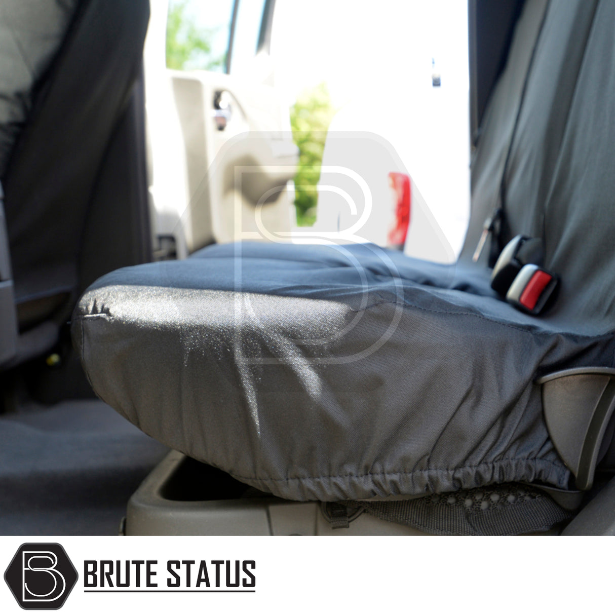 Nissan Navara 2005-2015 D40 Double Cab Cotton-Backed PU Seat Covers fitted over rear seat, showcasing precise tailoring and visible seat-belt access.