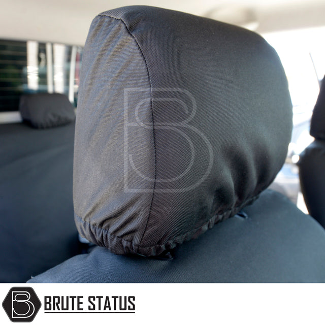 Toyota Hilux 2005-2016 MK6 & MK7 Cotton-Backed PU Seat Covers, tailored for snug fit, featuring durable, waterproof materials, and includes custom headrest covers for optimal protection.