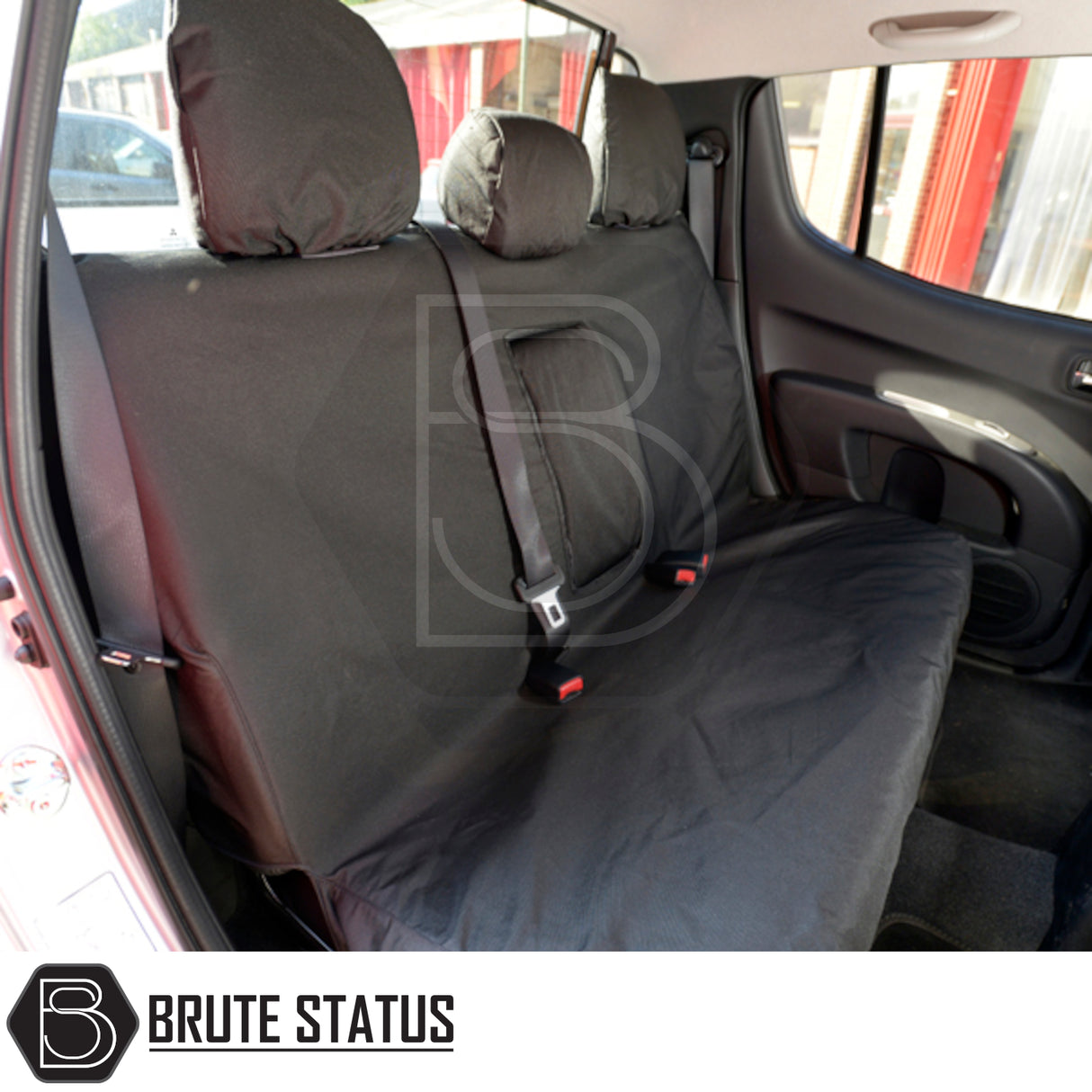 Mitsubishi L200 2005-2015 Series 4 Double Cab Cotton-Backed PU Seat Covers on car back seat, showcasing tailored fit and premium materials.