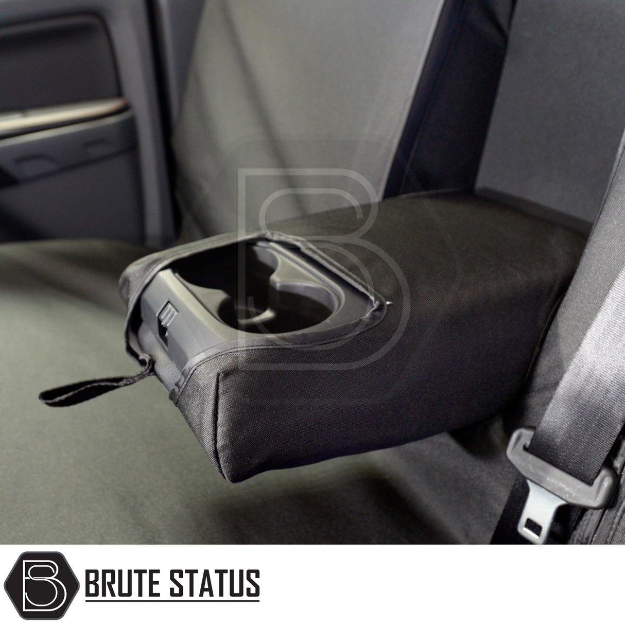 Ford Ranger 2012-2022 rear-seat cover with middle armrest folded down, revealing cup holders and seat belt buckle, tailored fit for durability and protection.