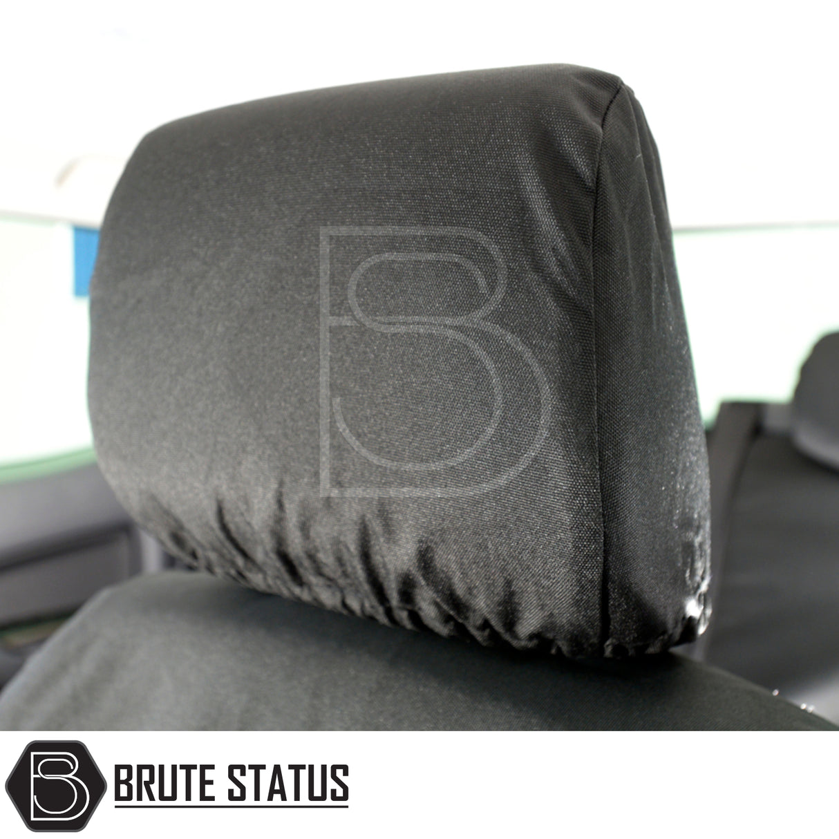 Black stretch-fit headrest cover for Ford Ranger 2012-2022 T6, T7, T8 Double Cab, showcasing Brute Status's durable, custom-tailored seat protection.