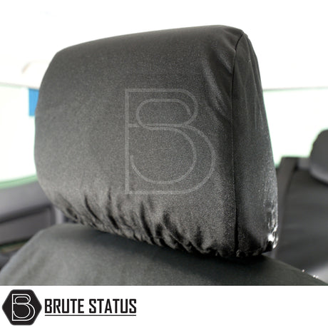 Black stretch-fit headrest cover for Ford Ranger 2012-2022 T6, T7, T8 Double Cab, showcasing Brute Status's durable, custom-tailored seat protection.