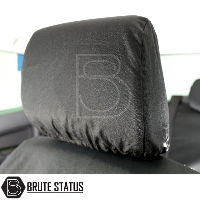 Black stretch-fit headrest cover for Ford Ranger 2012-2022 T6, T7, T8 Double Cab, showcasing Brute Status's durable, custom-tailored seat protection.