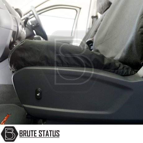Ford Ranger 2012-2022 seat cover in black cloth, showcasing tailored fit with heated-seat switch visible, part of Brute Status's durable, stylish protection accessories.