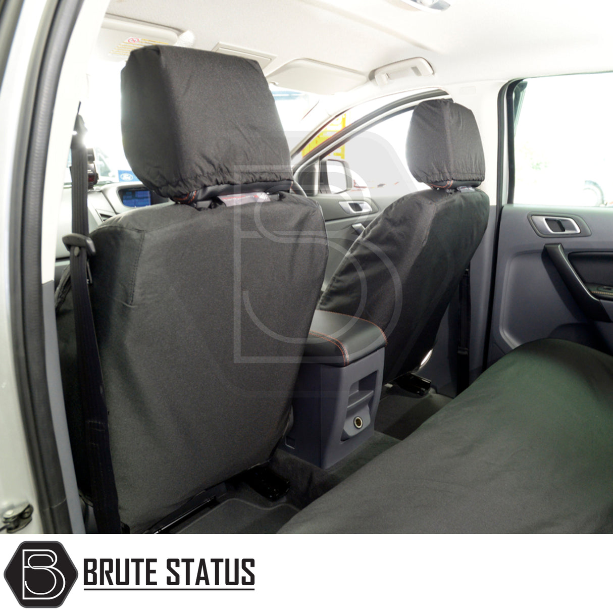 Ford Ranger 2012-2022 T6-T8 Double Cab seat covers shown fitted, highlighting custom-tailored fit and protection with black slip-on covers for front and rear seats.