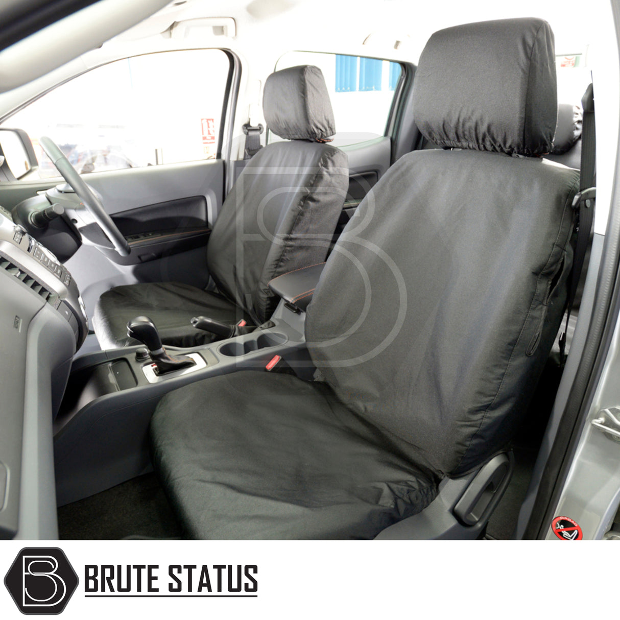 Ford Ranger 2012-2022 T6, T7, T8 Double Cab seat covers, featuring black, heavy-duty, waterproof material with Brute Status logo, tailored for front seats and headrests.