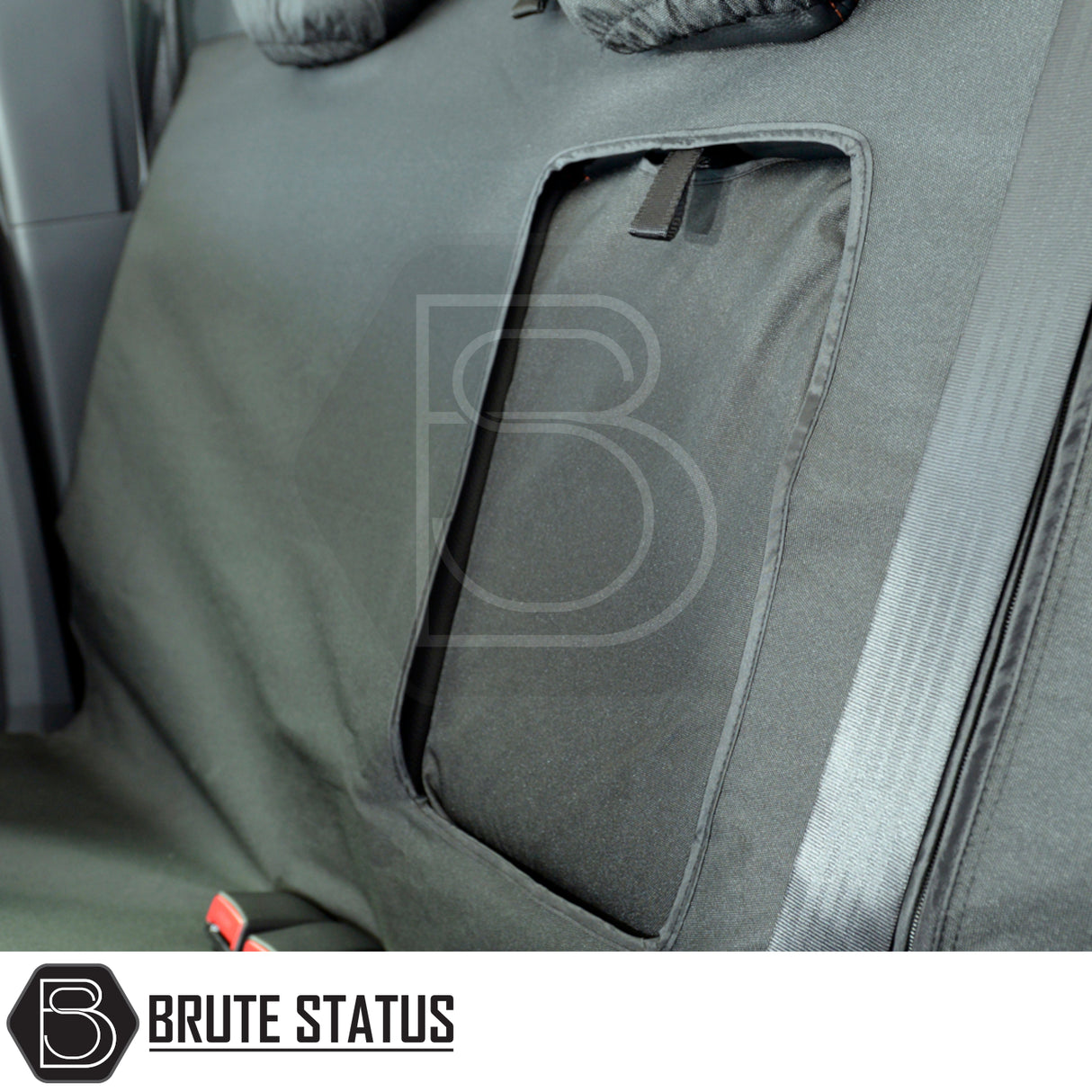 Ford Ranger 2012-2022 T6, T7, T8 Double Cab seat cover, black protective Brute Status cover with seat-belt slots, tailored fit, waterproof and durable.