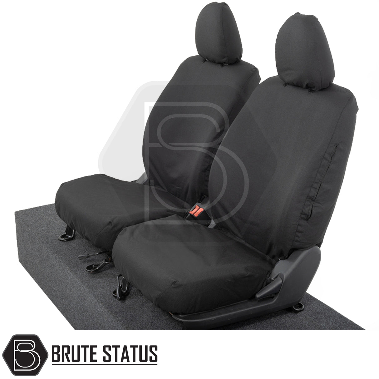 Mitsubishi L200 2015-2021 Series 5 Double Cab Seat Covers, featuring custom-tailored, waterproof polyester for precise fit and protection, shown with headrest and seat details.