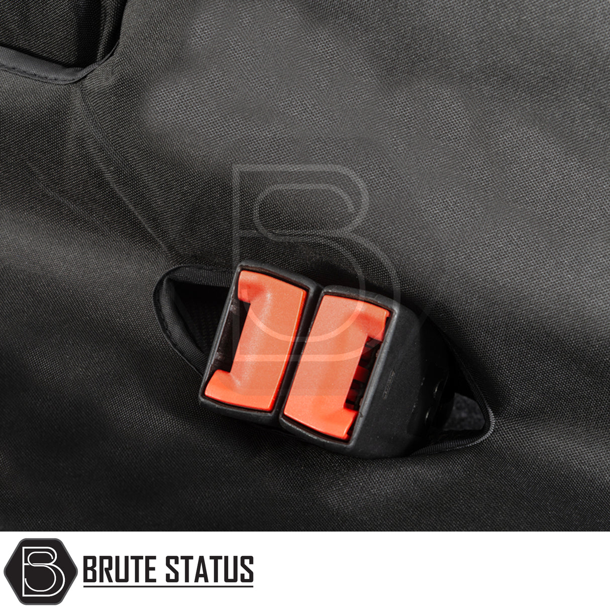 Mitsubishi L200 2015-2021 Double Cab Seat Covers feature a close-up of a seat belt buckle on a bag, highlighting custom-fit protection and premium materials.