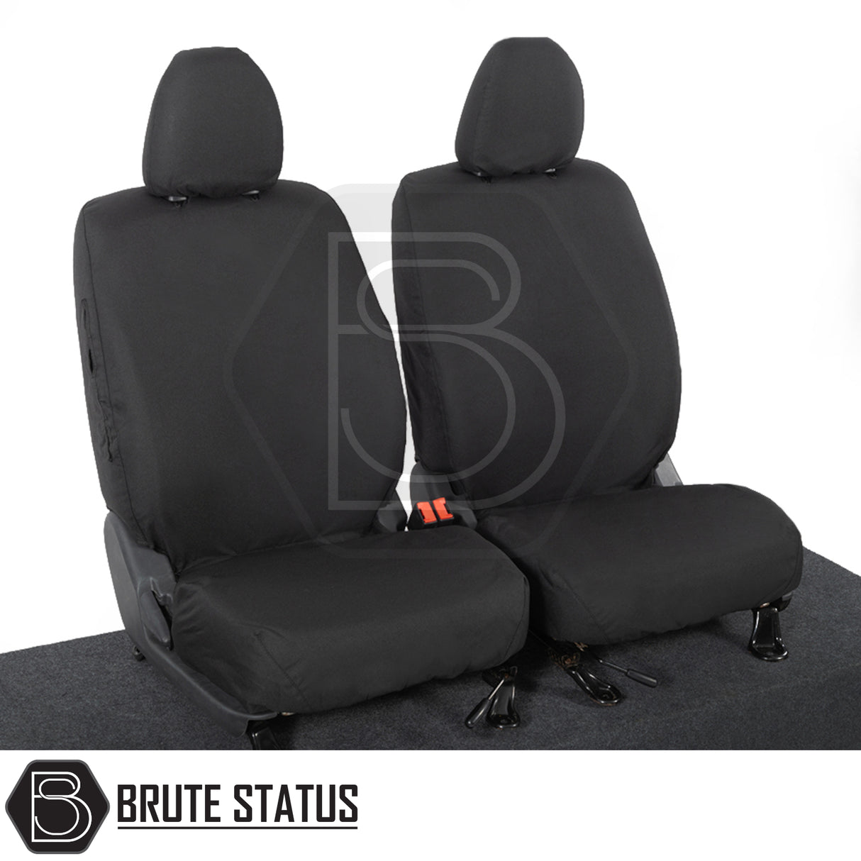 Mitsubishi L200 2015-2021 Double Cab Seat Covers, featuring tailored, waterproof design, shown fitted on vehicle seats with headrest covers.