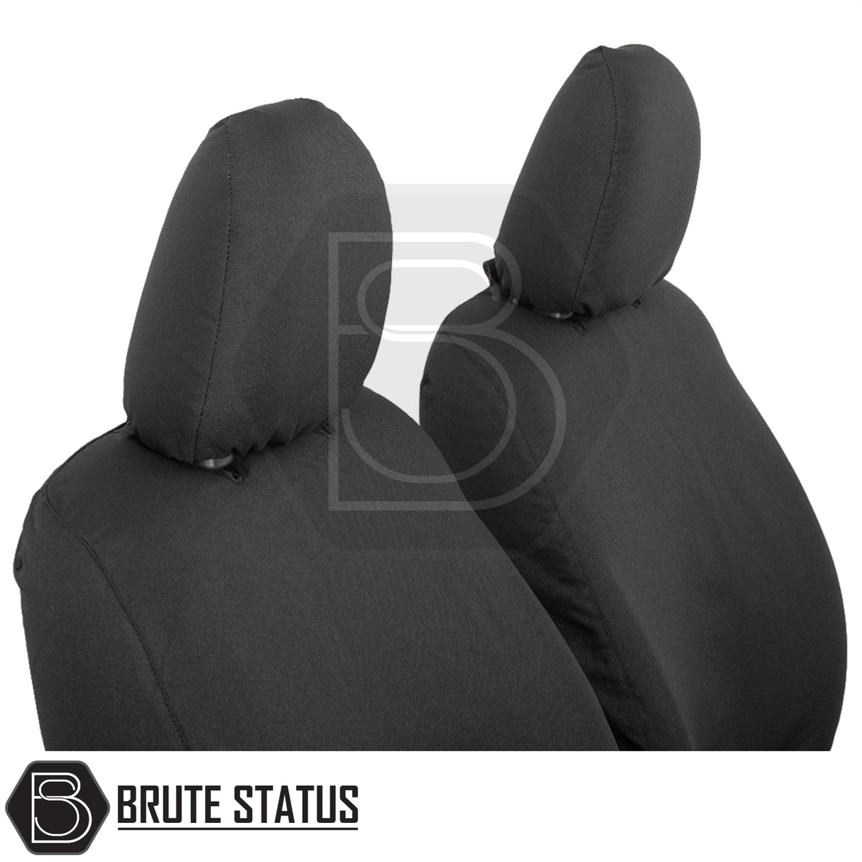 Fiat Fullback 2016-2019 Double Cab tailored seat covers, black, cotton-backed polyester, waterproof, custom fit for precise coverage and protection.