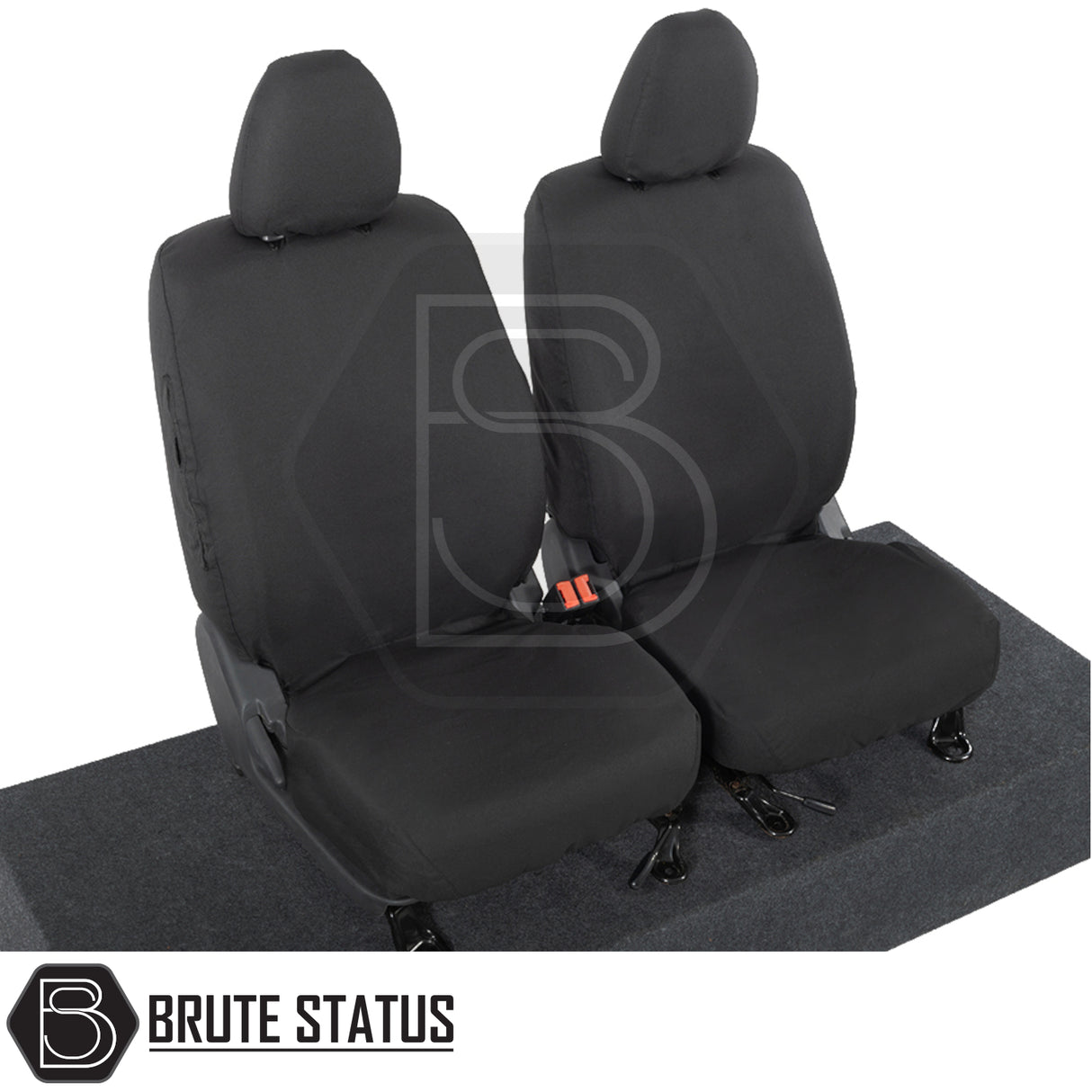 Fiat Fullback 2016-2019 Double Cab Cotton-Backed PU Seat Covers, tailored and protective, shown on black car seats with headrests and seatbelt detail.