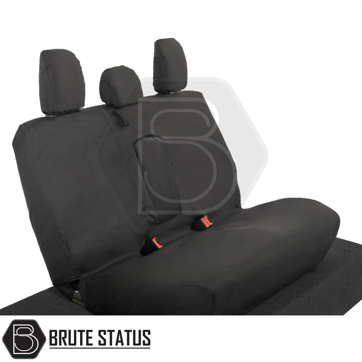 Fiat Fullback seat covers, tailored, waterproof, and flame retardant, shown as a black three-seat set with headrests and seat belts.