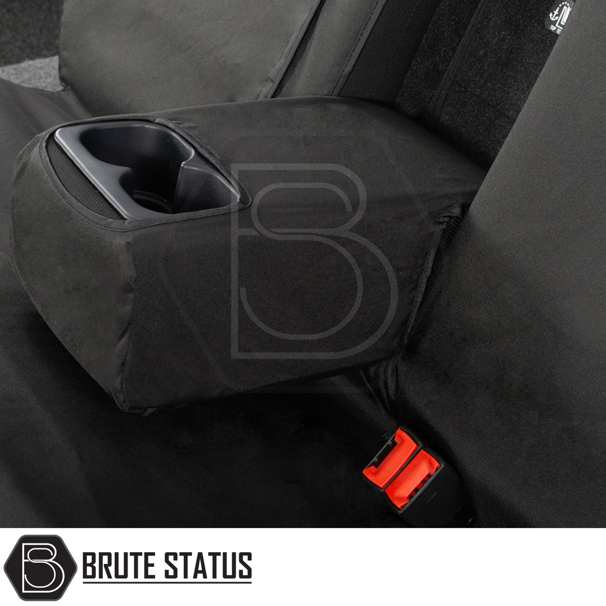Fiat Fullback 2016-2019 Double Cab Cotton-Backed PU Seat Covers in a car interior, showcasing custom-tailored fit and integrated drink holder for enhanced vehicle style and protection.