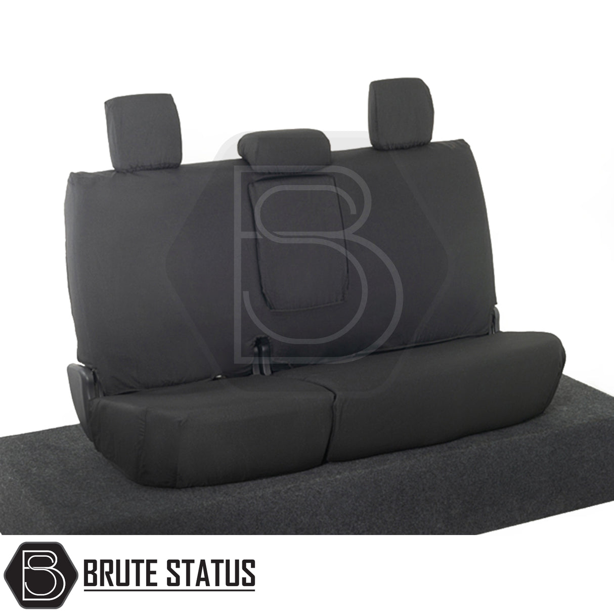Toyota Hilux 2016+ MK8 & MK9 seat covers, tailored fit, cotton-backed PU, shown on a three-seat black couch, highlighting durability and snug integration.