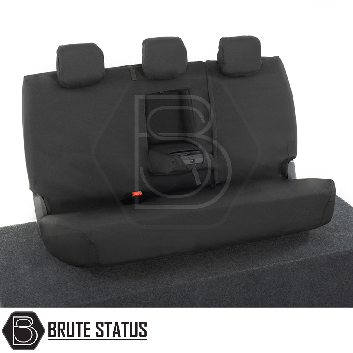 Ford Ranger 2016-2022 seat covers featuring custom fit, premium cotton-backed polyester material, tailored for durability and protection, with three headrests visible.