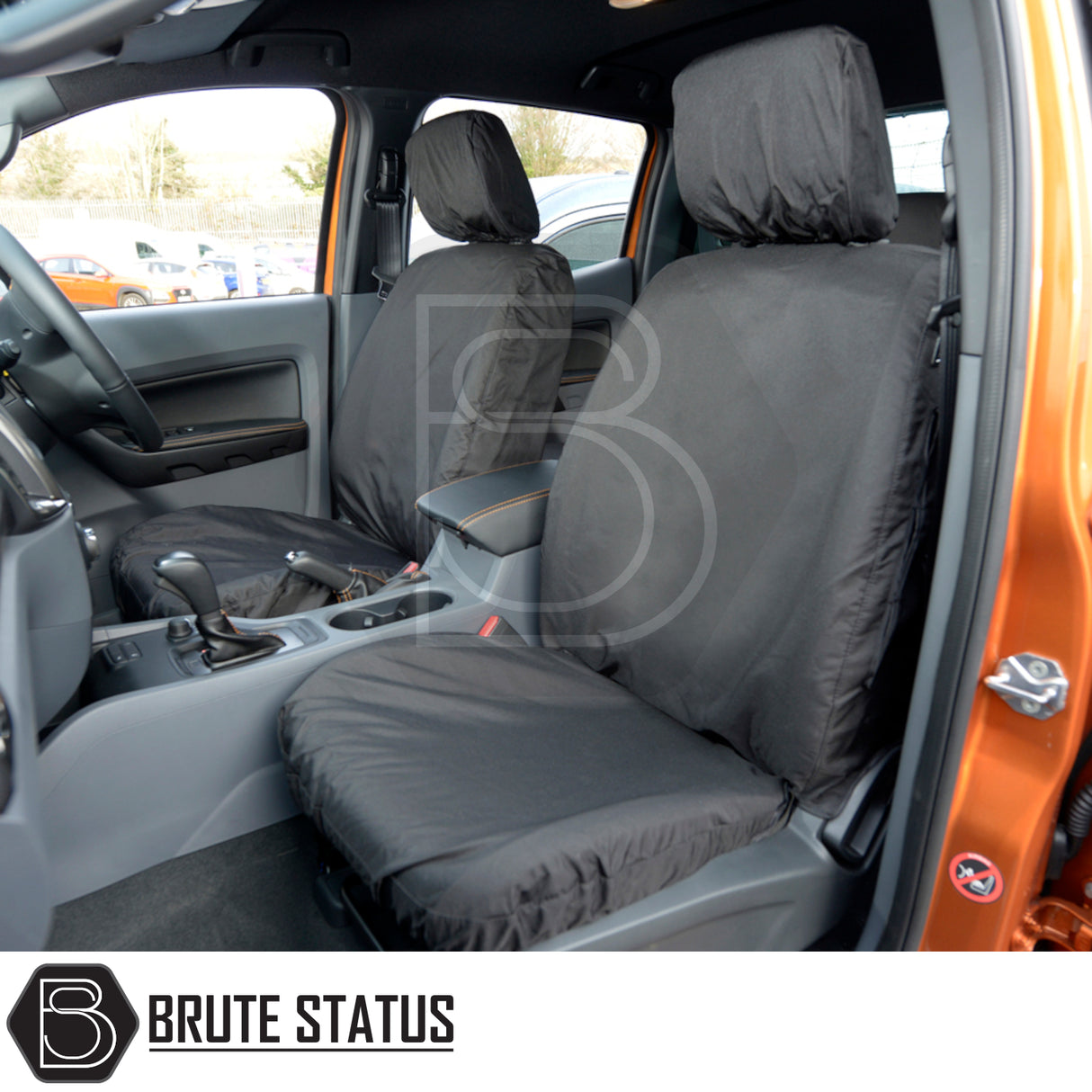 Ford Ranger 2016-2022 Wildtrak Double Cab Cotton-Backed PU Seat Covers, tailored fit, shown installed on car seats, highlighting premium materials and precise coverage.