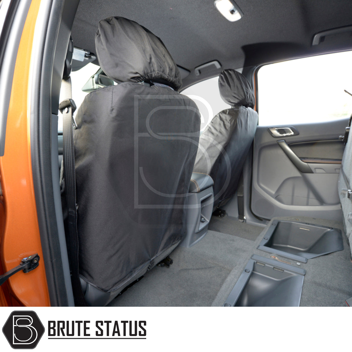 Ford Ranger 2016-2022 Wildtrak seat covers shown installed, highlighting tailored fit and premium, waterproof materials for enhanced protection and style.