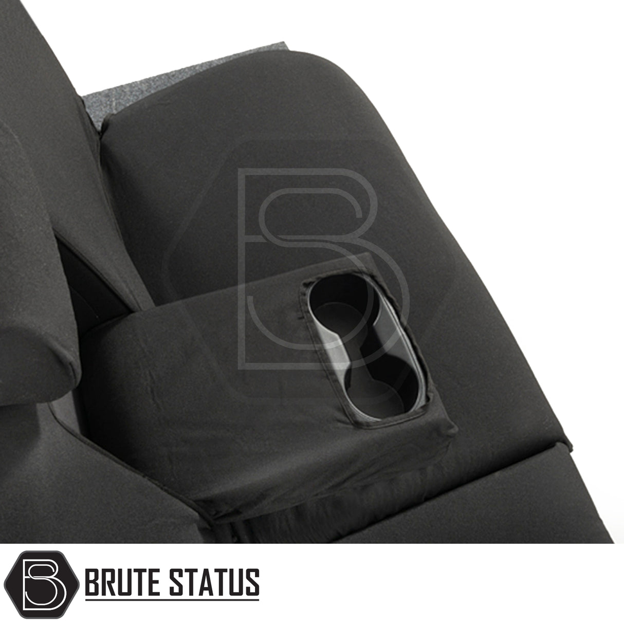 Toyota Hilux 2016+ MK8 & MK9 seat covers with cup holder, tailored for perfect fit, featuring premium cotton-backed polyester and waterproof PU coating.