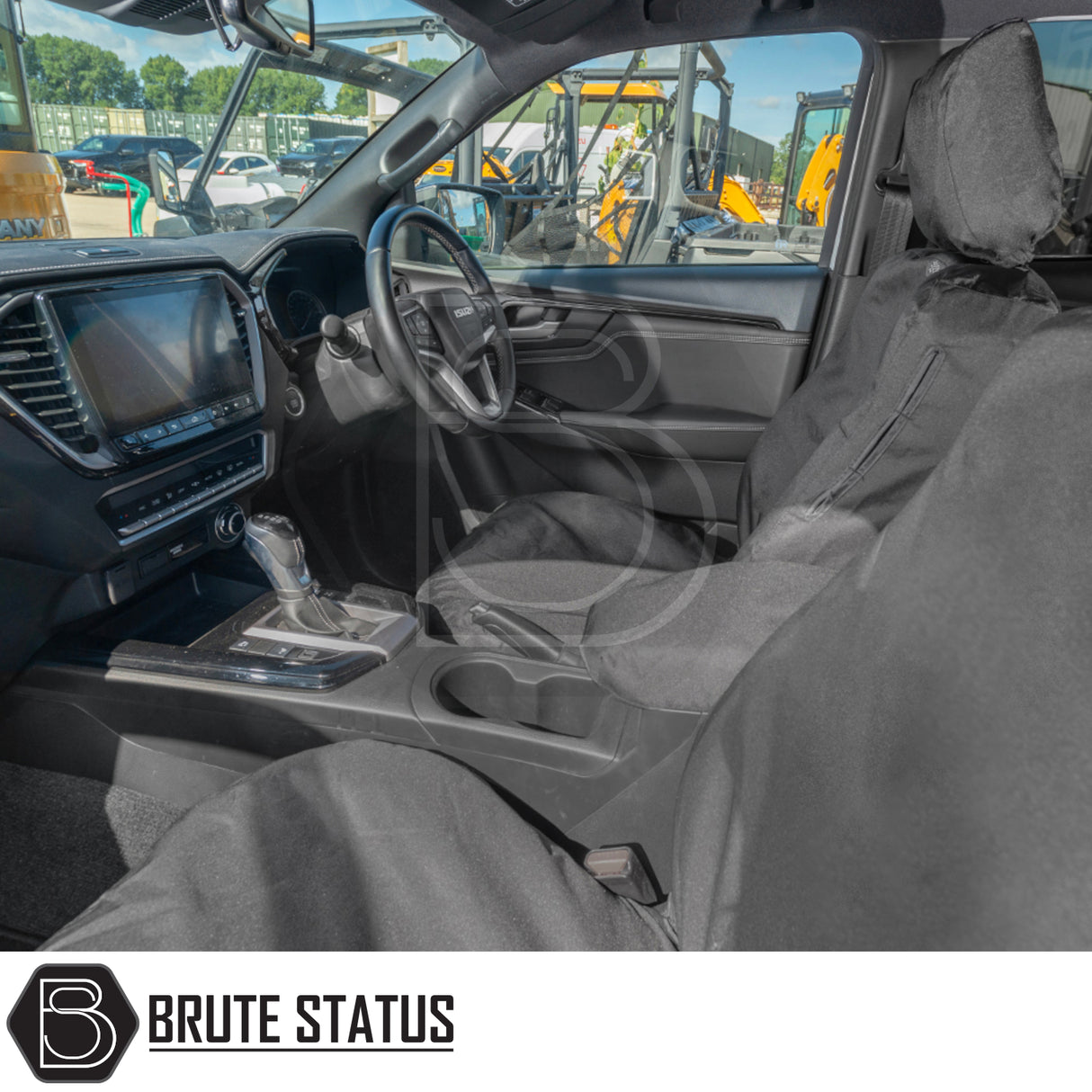 Isuzu D-Max 2021+ Double Cab Seat Covers, tailored-fit cotton-backed PU, shown installed on car seats, highlighting a snug fit and protective features.