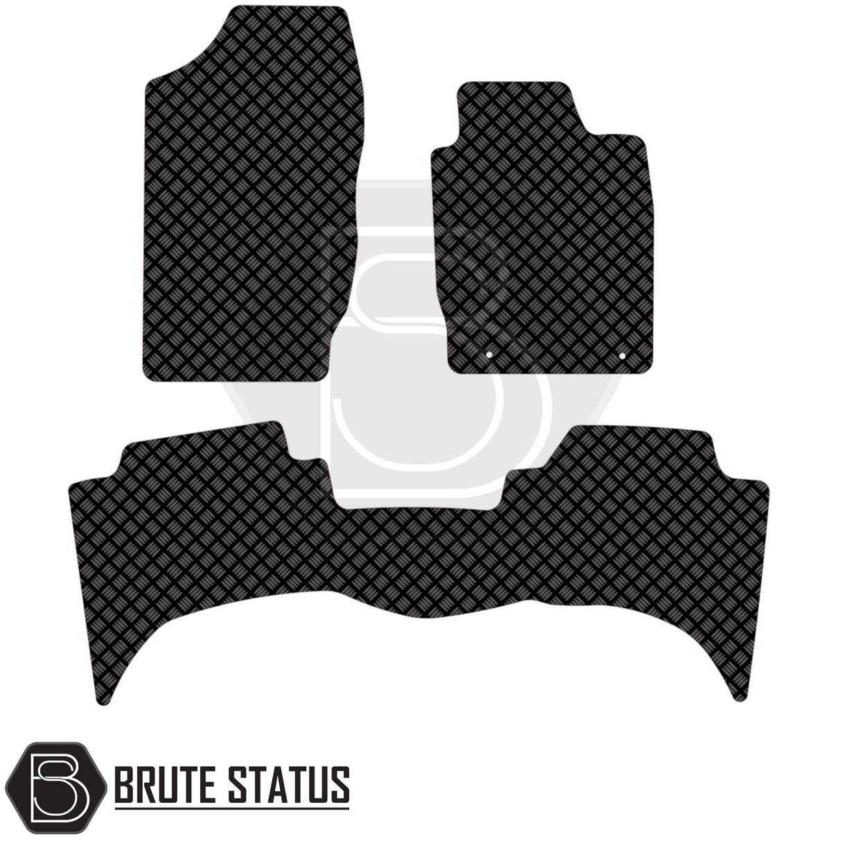 Fiat Fullback 2016-2019 Double Cab Rubber Floor Mats with diamond-plate texture and Brute Status logo, designed for right-hand drive, offering precision fit and protection.