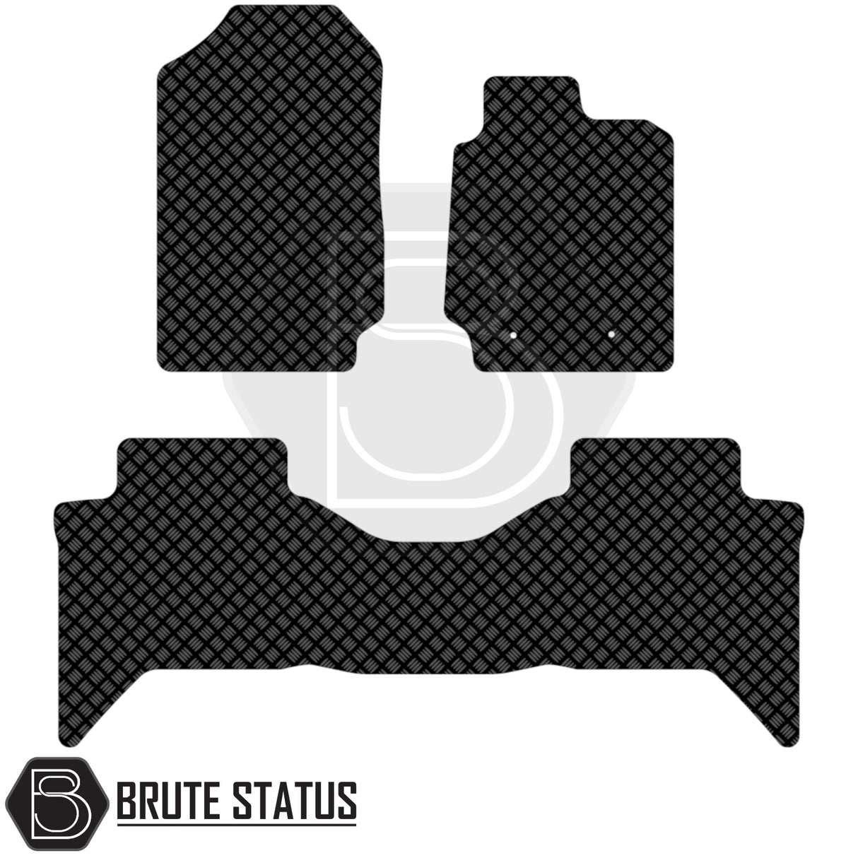 Ford Ranger 2012-2019 T6 & T7 Wildtrak Double Cab Rubber Floor Mats set, featuring three diamond-plate–patterned pieces, branded with Brute Status logo.