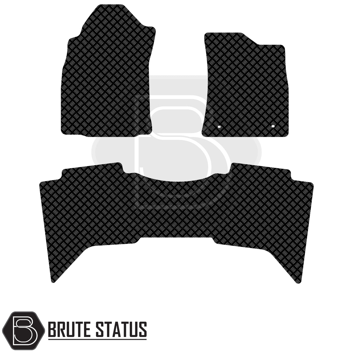Toyota Hilux 2016+ Double Cab Rubber Floor Mats with diamond-plate pattern, featuring two front mats and one rear mat, showcased alongside Brute Status logo.