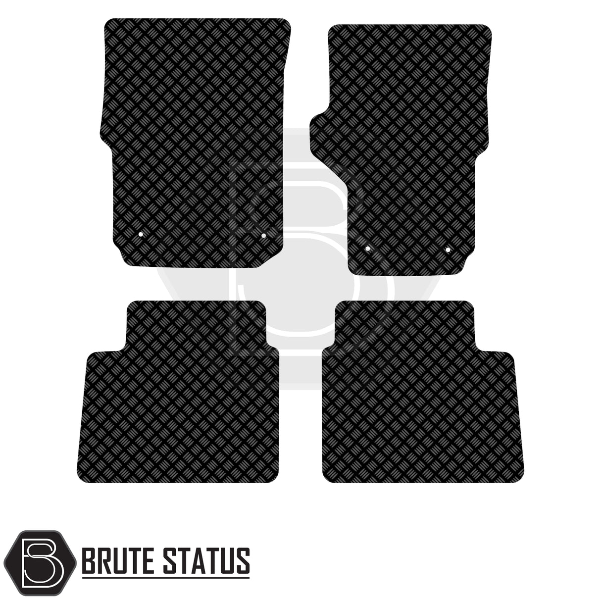 Volkswagen Amarok 2010-2017 Double Cab Rubber Floor Mats, showing two front and two rear black diamond-patterned mats with Brute Status logo, designed for right-hand drive.