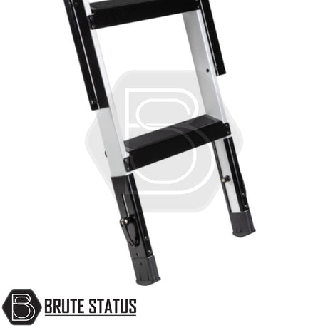 Telescoping ladder base with ARB Altitude Rooftop Tent branding, featuring aluminum rails, black rubber feet, locking mechanisms, and textured treads, ideal for pick-up truck accessorizing.