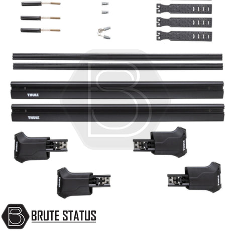 ARB Altitude Roof Cross Bar Kit, featuring Thule crossbars, foot-clamp assemblies, and perimeter straps for optimizing roof cargo on Altitude vehicles with integrated rails.