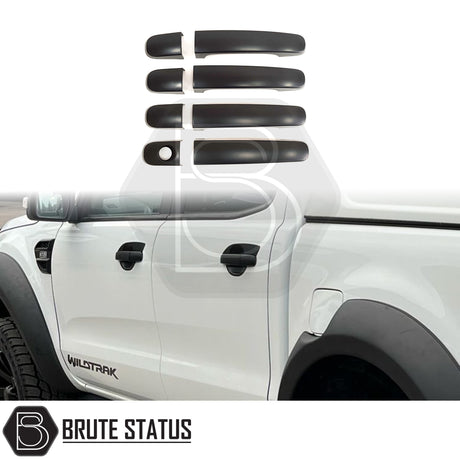 Ford Ranger 2012-2022 T6 T7 T8 Matte Black Door Handle Covers, shown in a group, featuring durable ABS plastic and easy installation with 3M adhesive.
