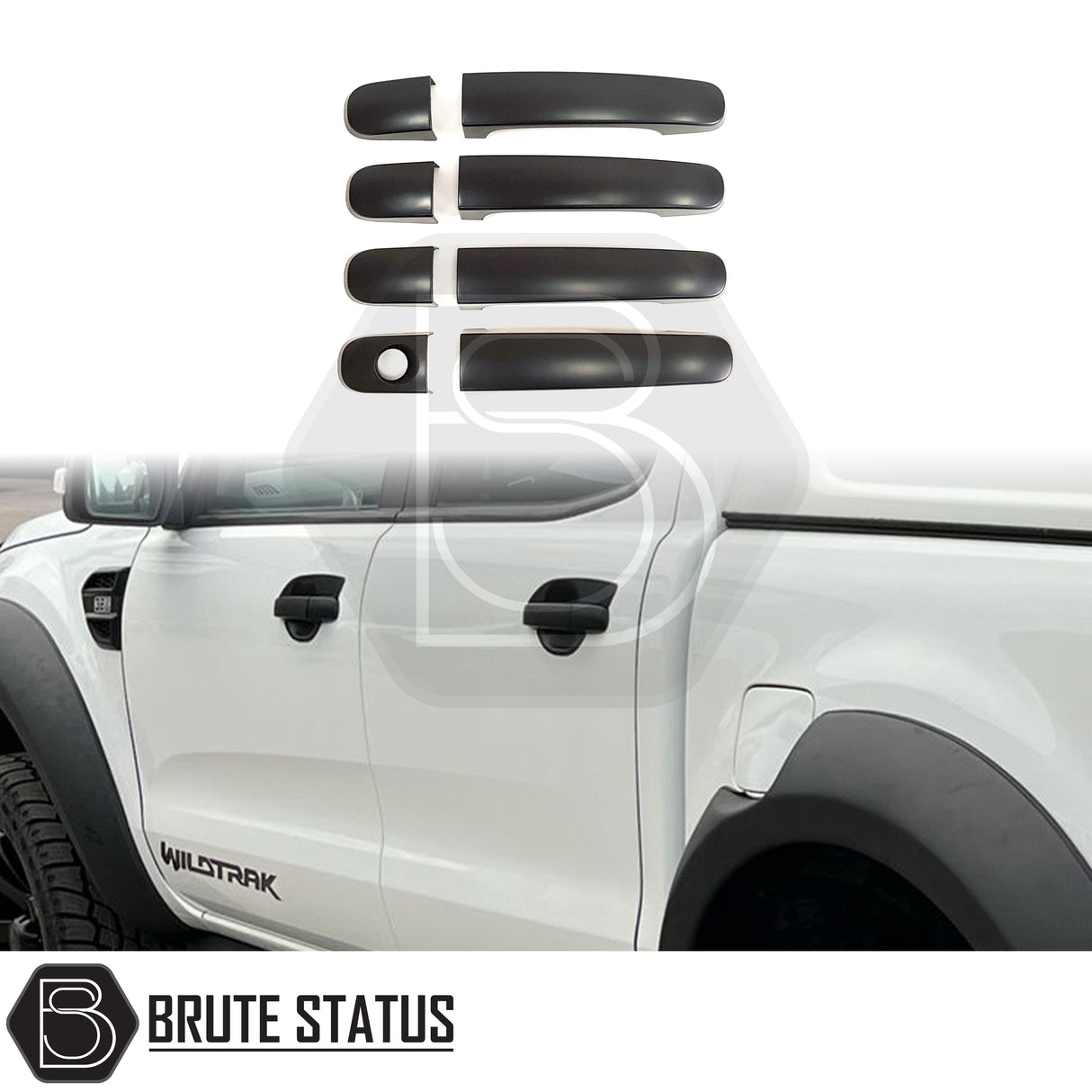 Ford Ranger 2012-2022 T6 T7 T8 Matte Black Door Handle Covers, shown in a group, featuring durable ABS plastic and easy installation with 3M adhesive.