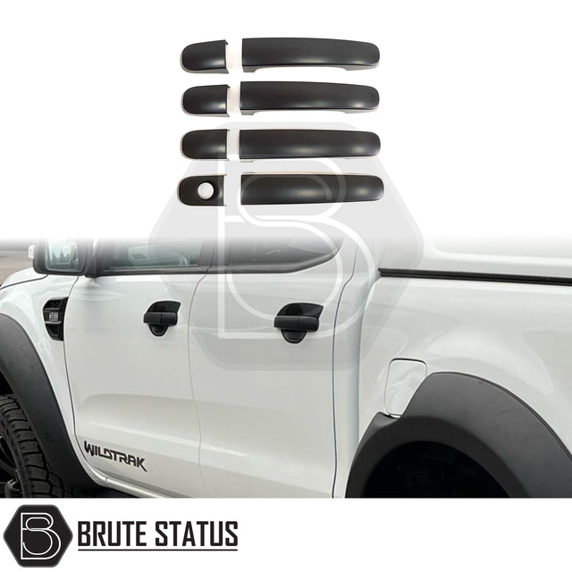 Ford Ranger 2012-2022 T6 T7 T8 Matte Black Door Handle Covers, shown in a group, featuring durable ABS plastic and easy installation with 3M adhesive.